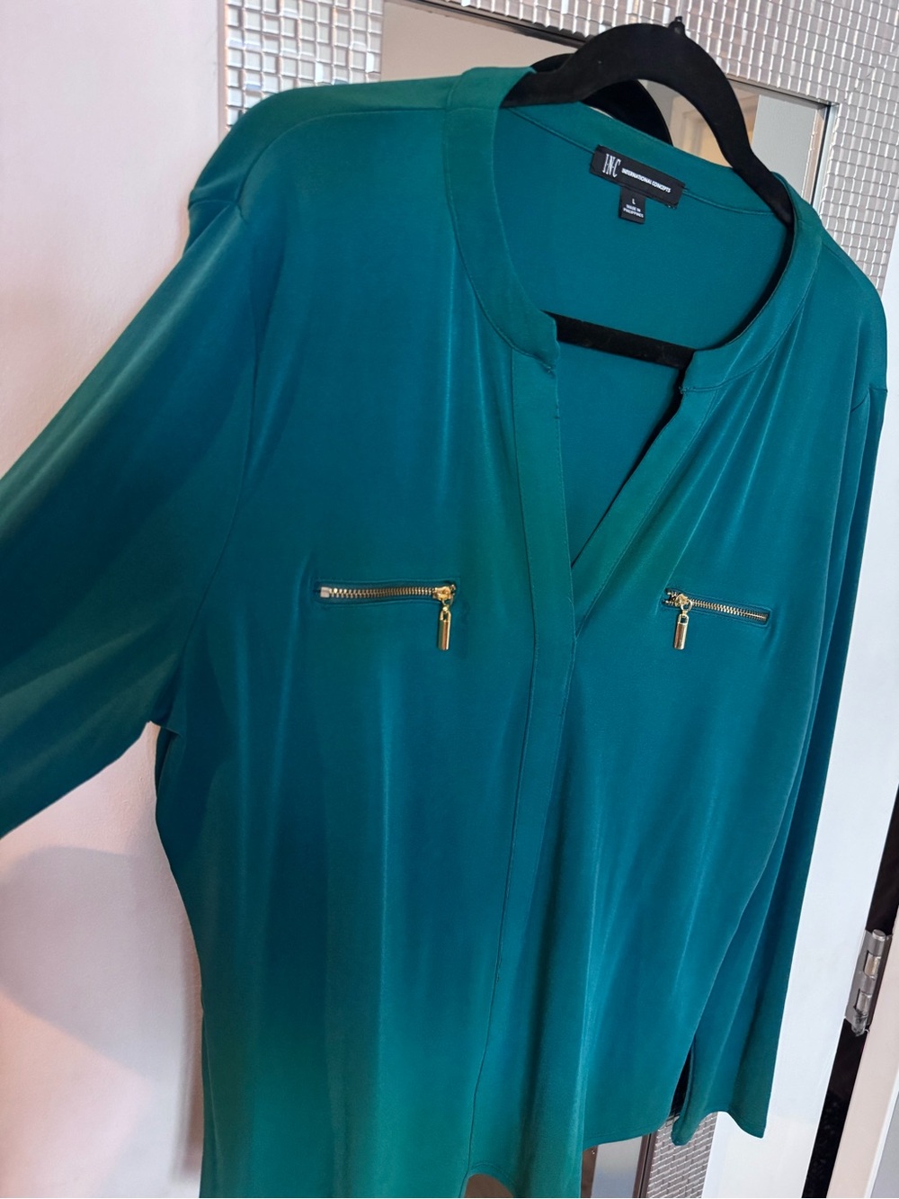 INC International Concepts, Emerald green V-Neck Blouse with Gold Zipper Accents - Picture 4 of 7